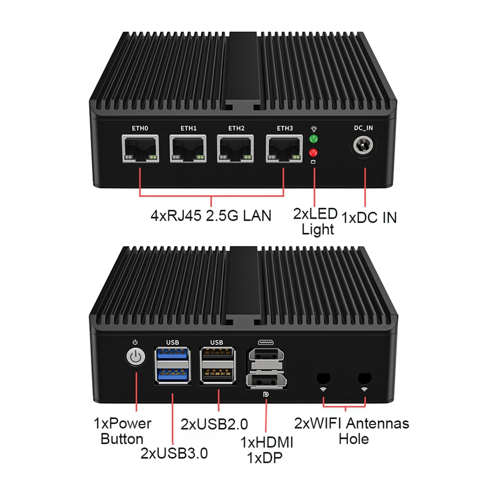 Lüfterloser Mini-PC Intel N100 4Lan Firewall PfSense Appliance 8G DDRR 128G SSD Win11 Linux Compact Industrial Mini Computer 4Cores