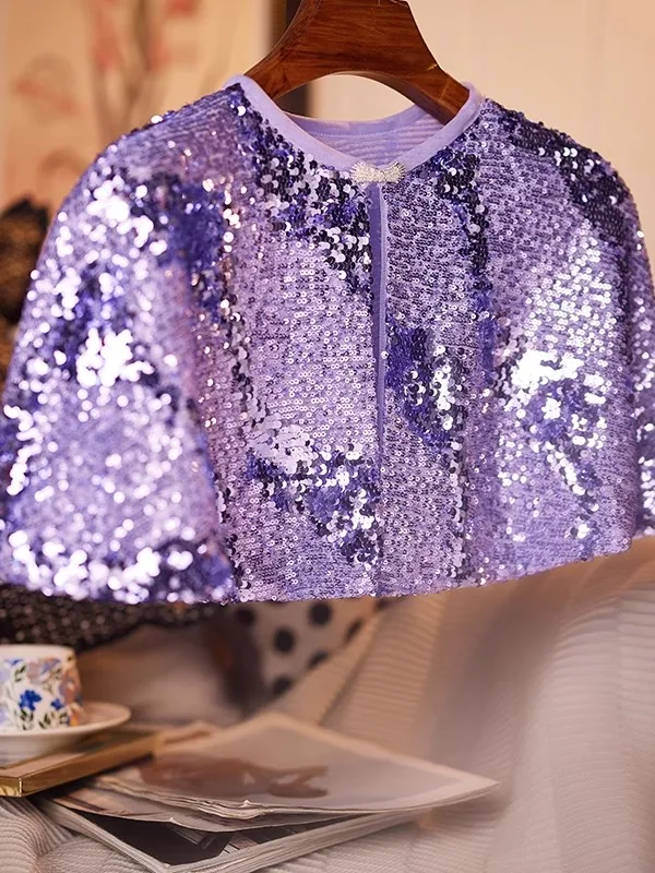 Women's Spring Autumn Vintage Purple Sequins Pashmina Female Winter Shawl Cloak Collar R2435