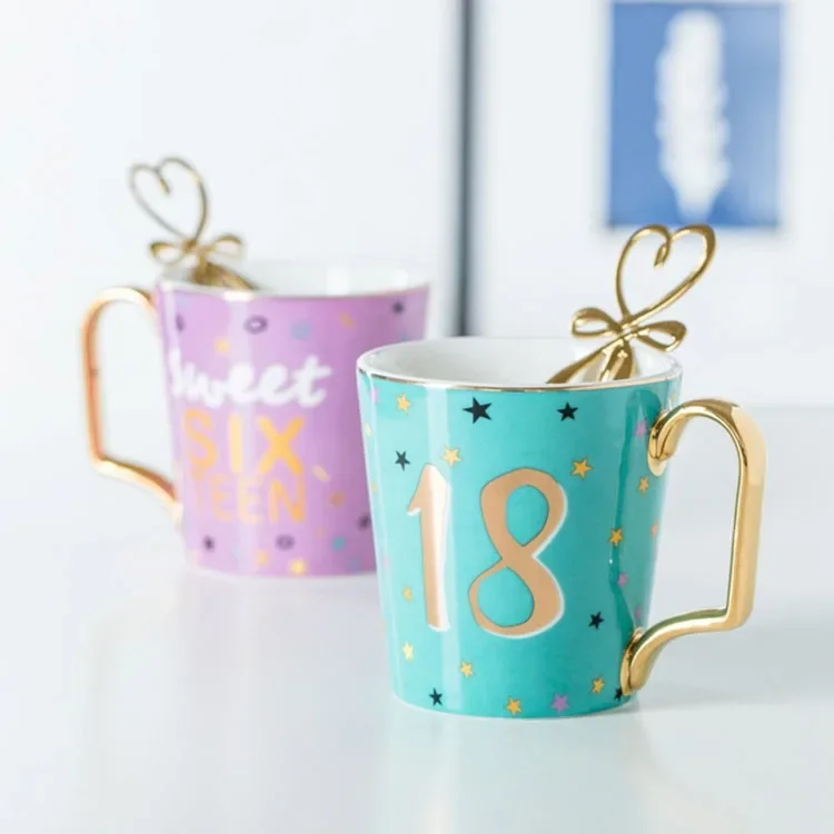 Gold Lucky Numbers Age 16 18 30 Animal Flamingo Ceramic Coffee Mug Breakfast Milk Water Cup Couple Birthday Gifts