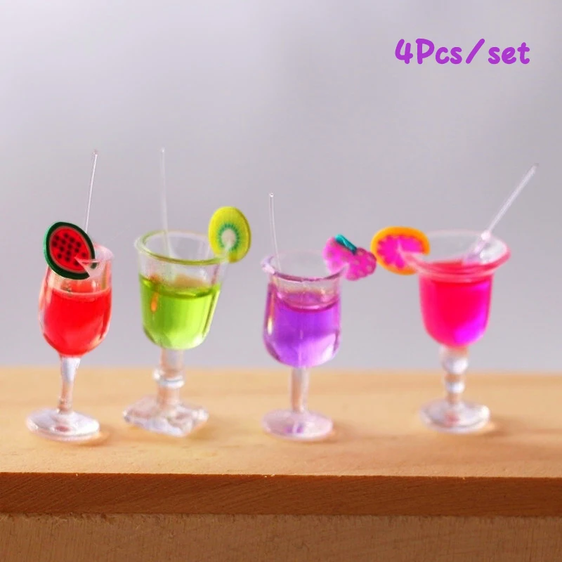 4PCS Doll House Triangle Cocktail Glass Dollhouse Miniature Accessories Colorful Glass Cup Goblet Bar Drinks