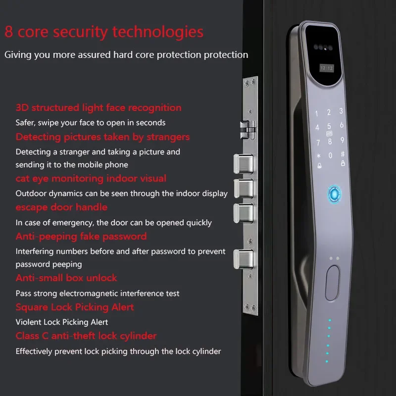 Smart Door Lock com Câmera, Imagem, Wi-Fi, Tuya App, Controle Remoto, Impressão Digital, Facial, Senha, Cartão