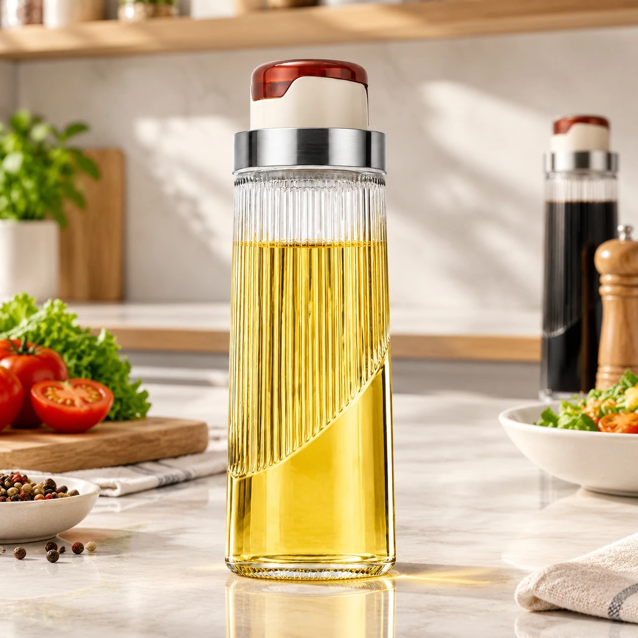 Home Cooks Glass Oil Dispenser Automatic Valve Ribbed High Borosilicate Bottle for Kitchen Vinegar Soy Sauce Syrup Leakproof