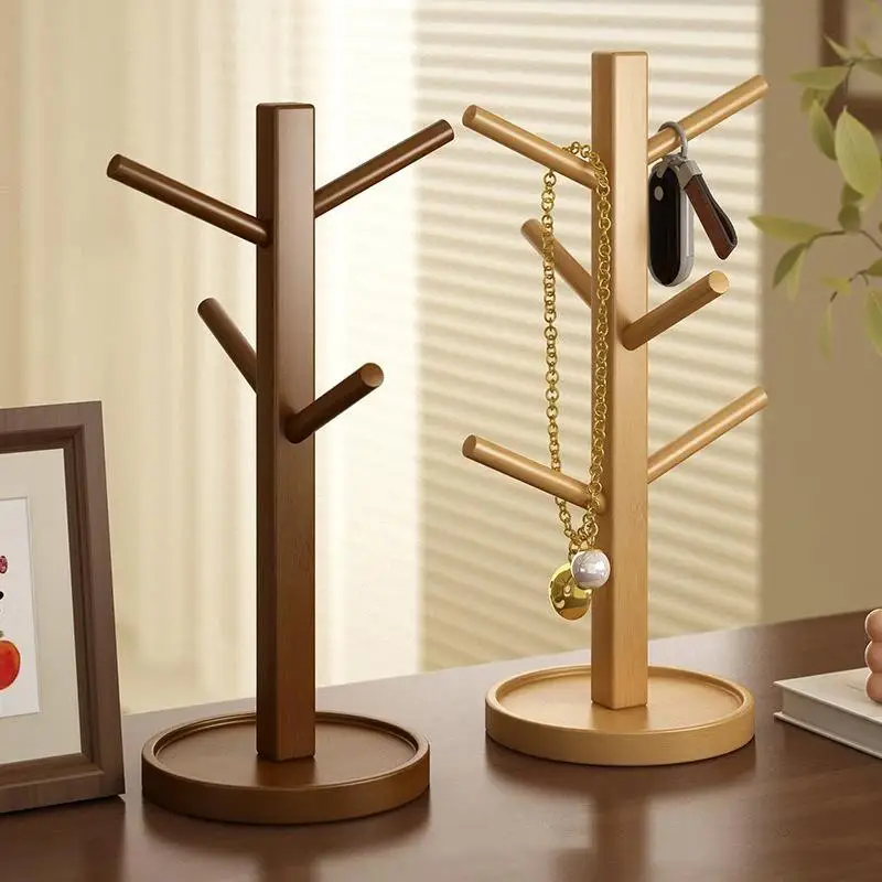 1pc Natural Wooden Mug Rack 4/6 Hanging Hooks Anti Slip Stable Base For Kitchen Coffee Bar Cup Storage