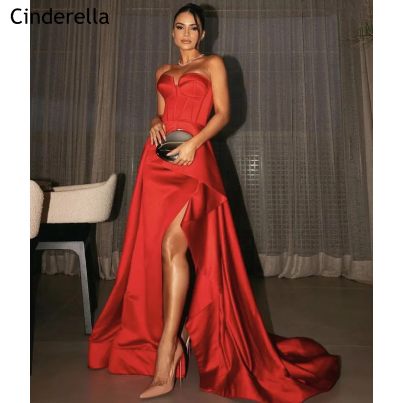 Red Prom Dresses Sweetheart A-Line Side Slit Thick Satin Prom Dresses Lace Up Back Event Dress vestidos de fiesta de noche