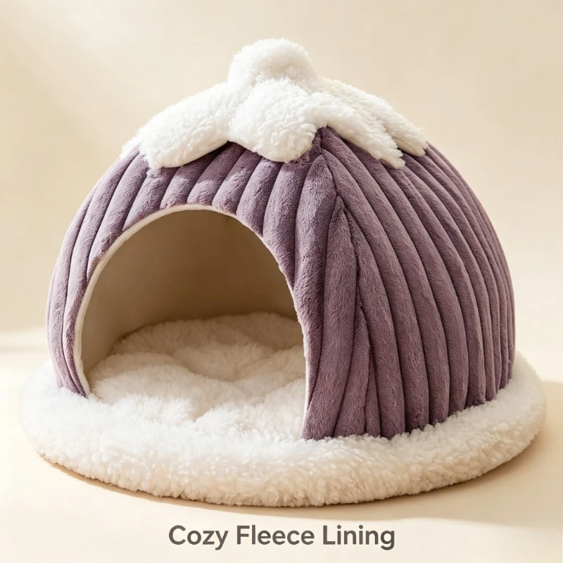 Cozy Cat Igloo Bed, Plush Winter Pet House with Snow Top for Cats & Small Dogs, Soft Warm Indoor Nest