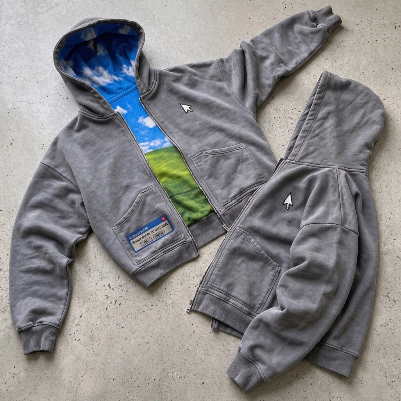 Y2K Retro Bliss Zip Hoodie XP Operating System Print Pattern Sweatshirt American Fashion Casual Streetwear Unisex Boxy Clothing
