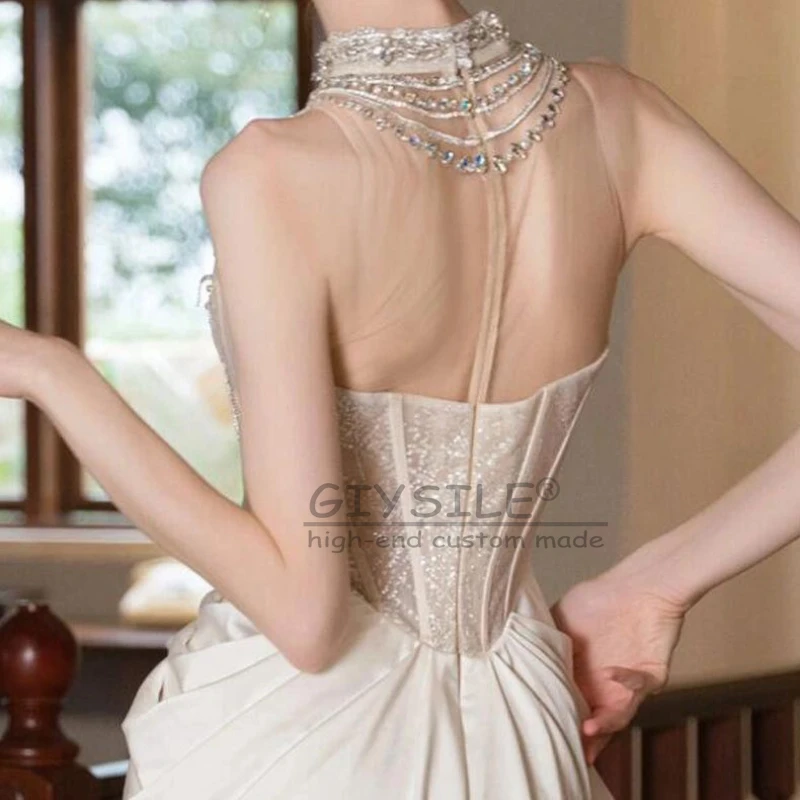 GIYSILE-vestidos de novia ligeros con cuello colgante, personalizados, industria pesada, satén francés, cola de pez francesa, vestidos de boda blancos Vintage