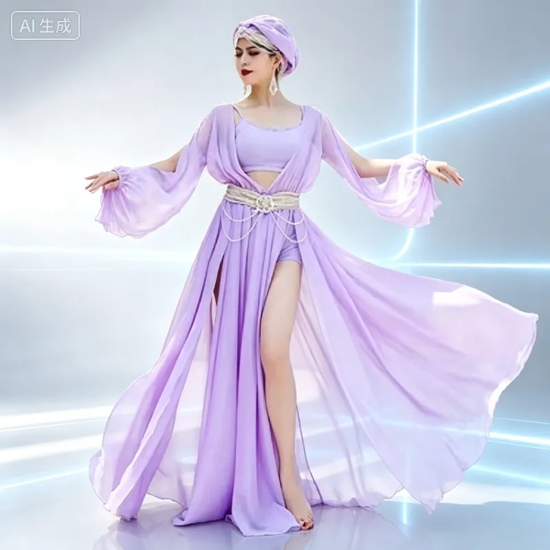 Satin Skirt Court Dance Gown For Girls Women Pearl Belts Folk Muwashahat Performance Costume