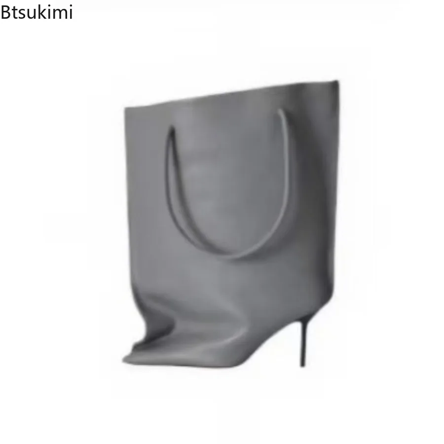 New Autumn Winter Women's Pointed Toe Mid Calf Bag Booties Super Big Top Half Wide Fit High Slim Heels Loose Fashion Short Boots - view 4