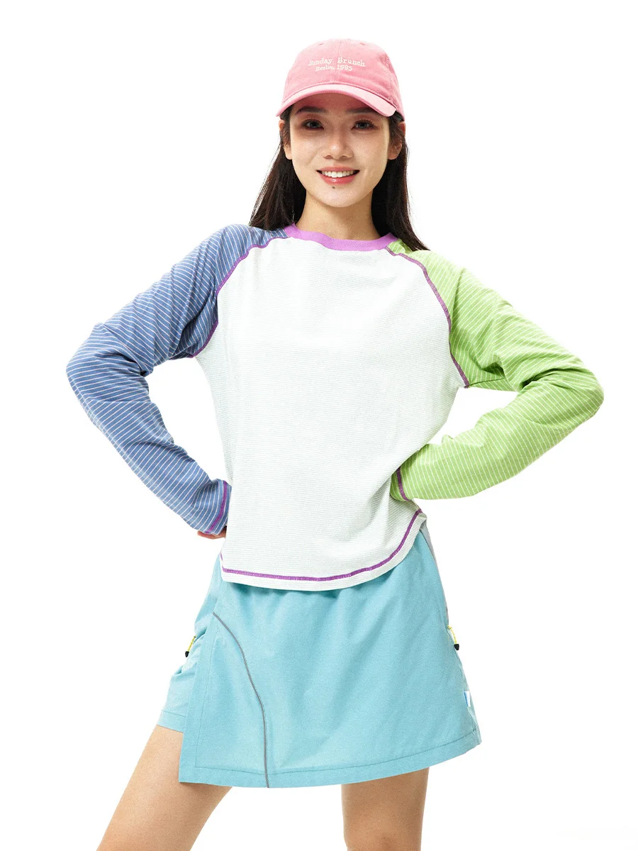 Spring Summer Outdoor Adventure Long Sleeve T-Shirt Skin-friendly Sport Top Striped Casual Loose Fit Sweat-wicking Anti-Wrinkle