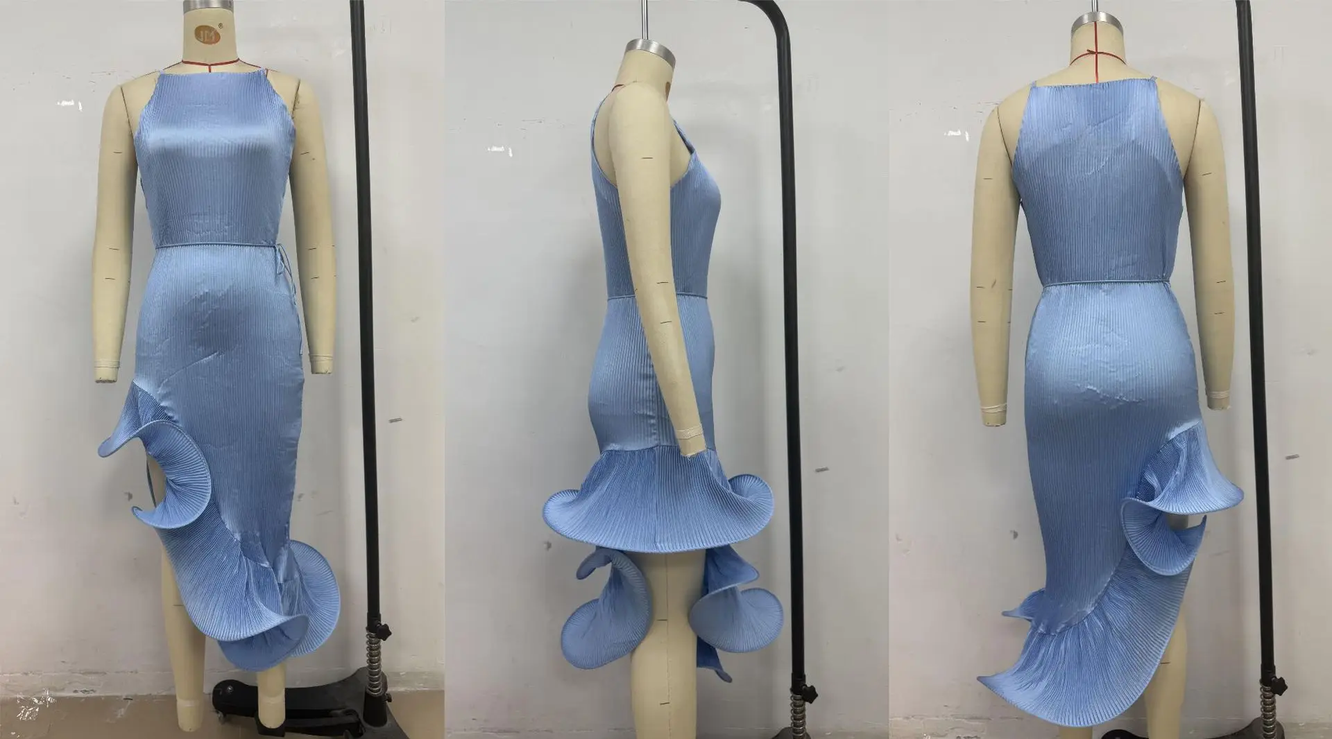 Solid Midi Jurk Vrouwen Ruche Geplooide Feestjurken Lace Up Mouwloze Bodycon Onregelmatige Jurk Vrouw Zomer Sexy Vestidos