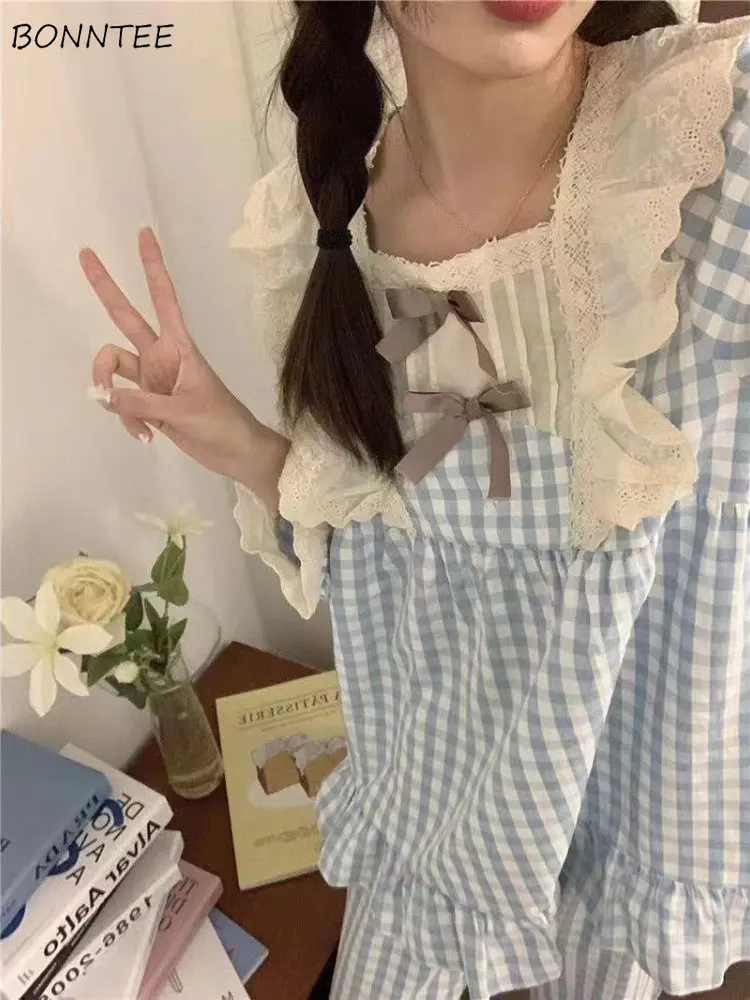 

Pajama Sets for Women Lace Plaid Long Sleeve Kawaii Nightwear Preppy Style Students Sweet Autumn Blue Casual Hot Sale Fashion