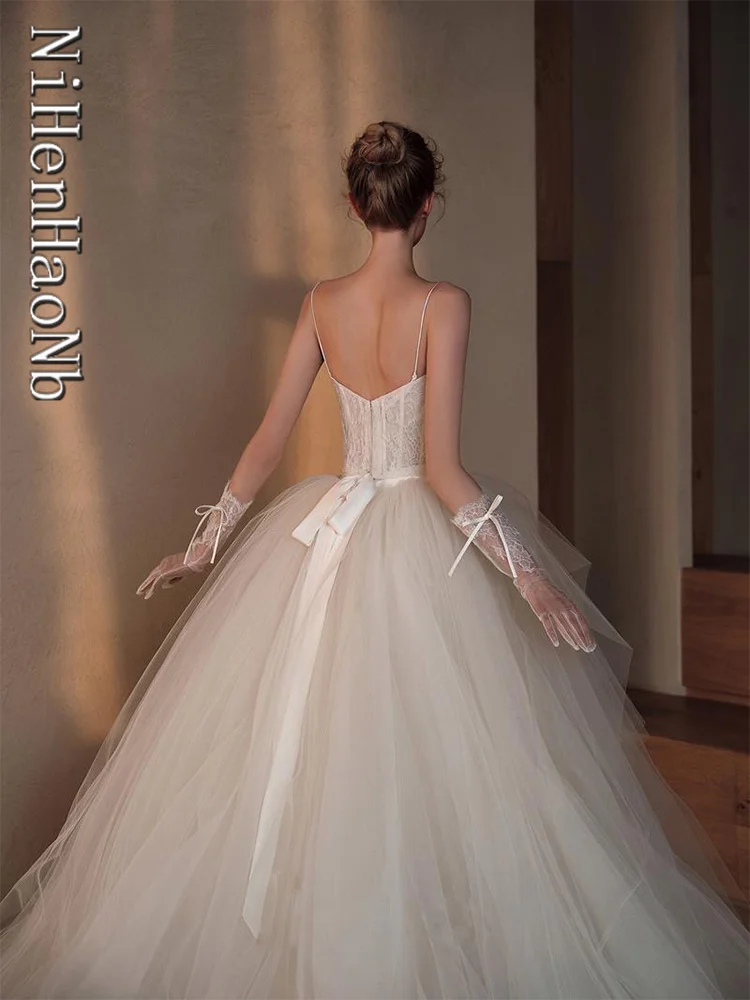 Robe de mariée en dentelle française, bretelles Spaghetti, traîne Court, nouvelle collection 2023