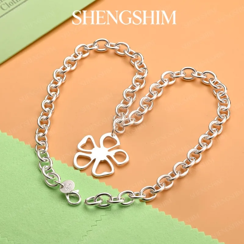 SHENGSHIM 925 Sterling Silver Openwork Heart Flowers Pendant Necklace For Men Women Fashion Jewelry Party Birthdays Gift