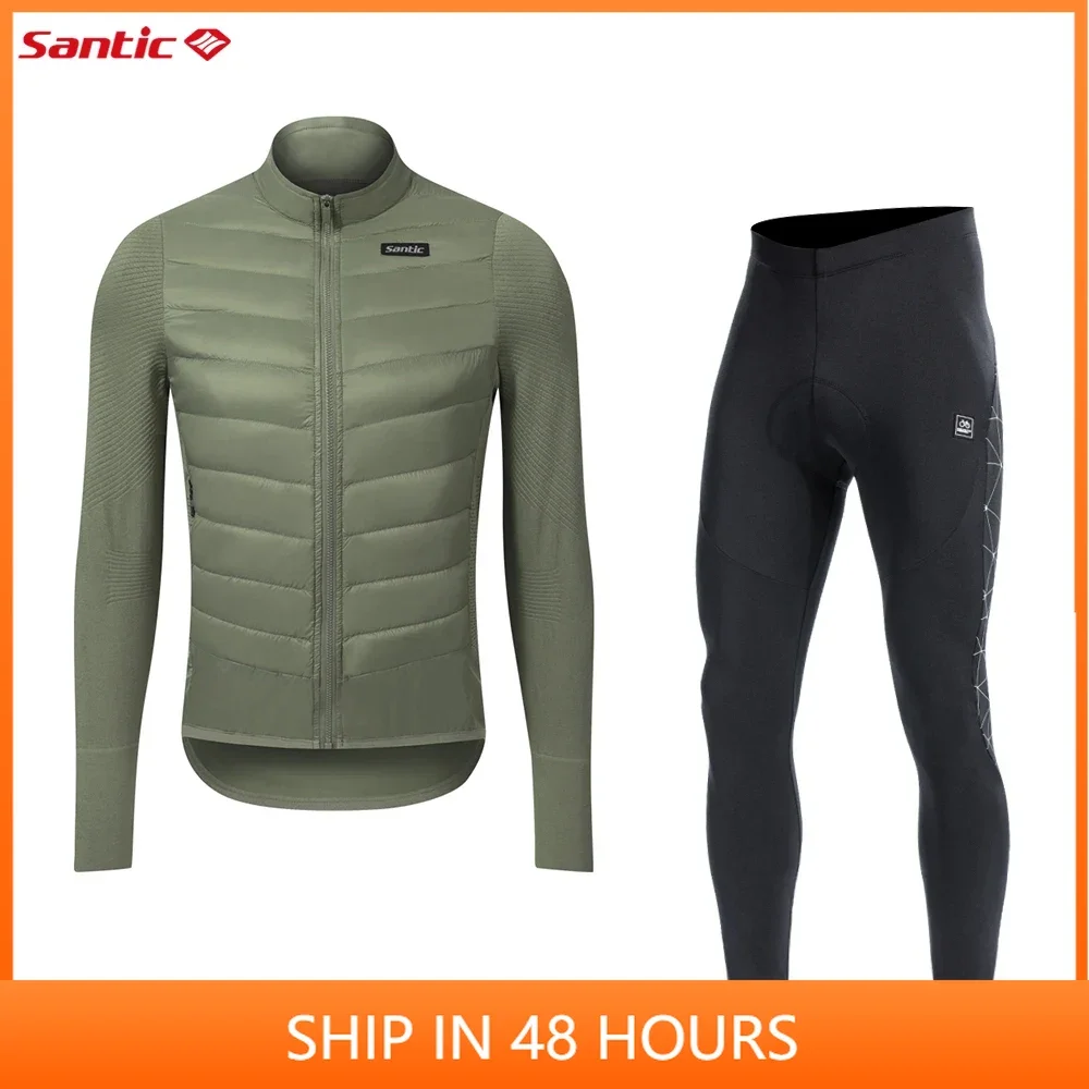 Santic Winter Men's Cycling Suit Cycling Down Jacket Bike Padded Pants with Cushion Bike Suit