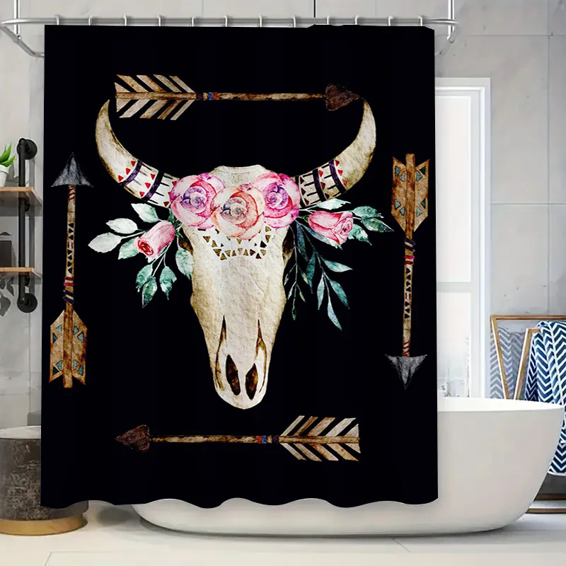 

Rustic Bull Skull Shower Curtain Floral Arrow Boho Decor for Bathroom Black Waterproof Fabric Size 72x84 inches (180*213cm)