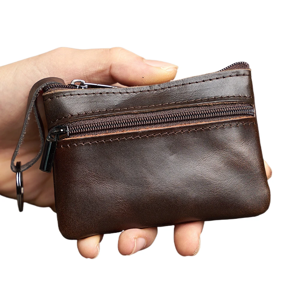 Leather Mini Coin Purse Uni Simple Portable First Layer Cowhide Retro Handmade Zipper Small Wallet Key Case