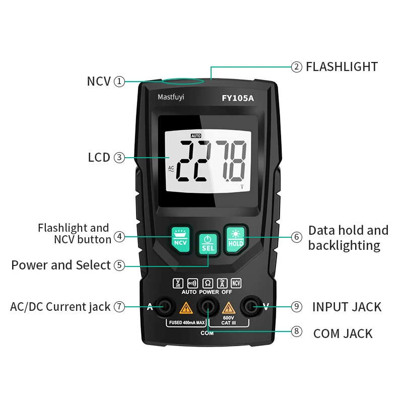 Mastfuyi fy105a handheld digital multimeter lcd hintergrund beleuchtung tragbare ac/dc ampere meter voltmeter ohm spannungs tester meter multi metro