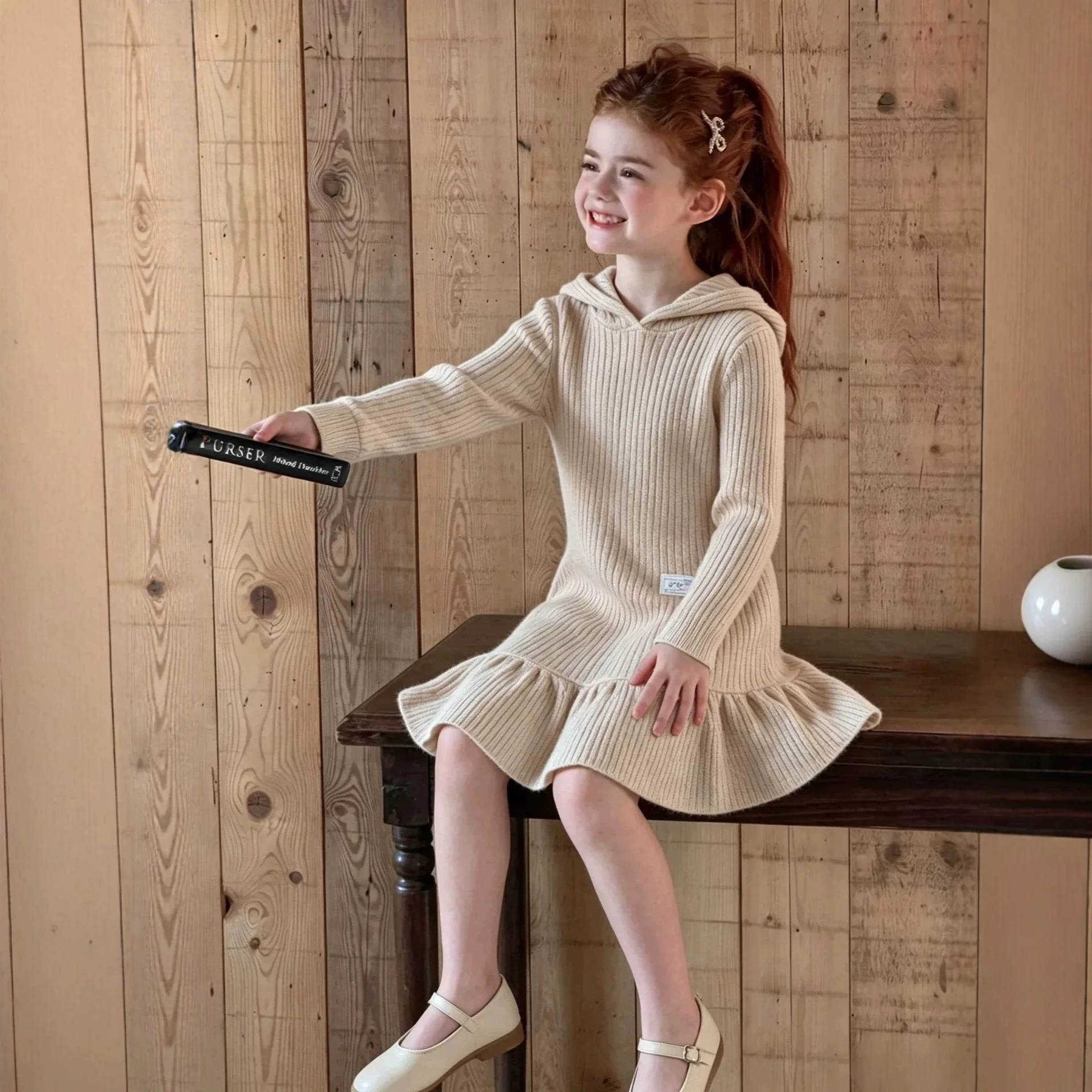 Girls' Hooded Knitted Dress Autumn New Children's Fried Dough Twists Long Sleeve Girls' Sweater Long Dress Fashion