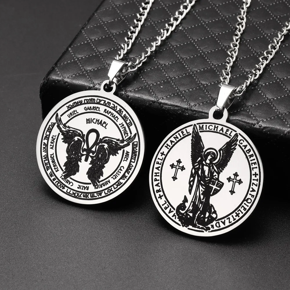 Archangel Michael Gabriel Raphael Haniel Round Pendant Necklace Vintage Stainless Steel Men Pendants Jewelry Fashion Accessories