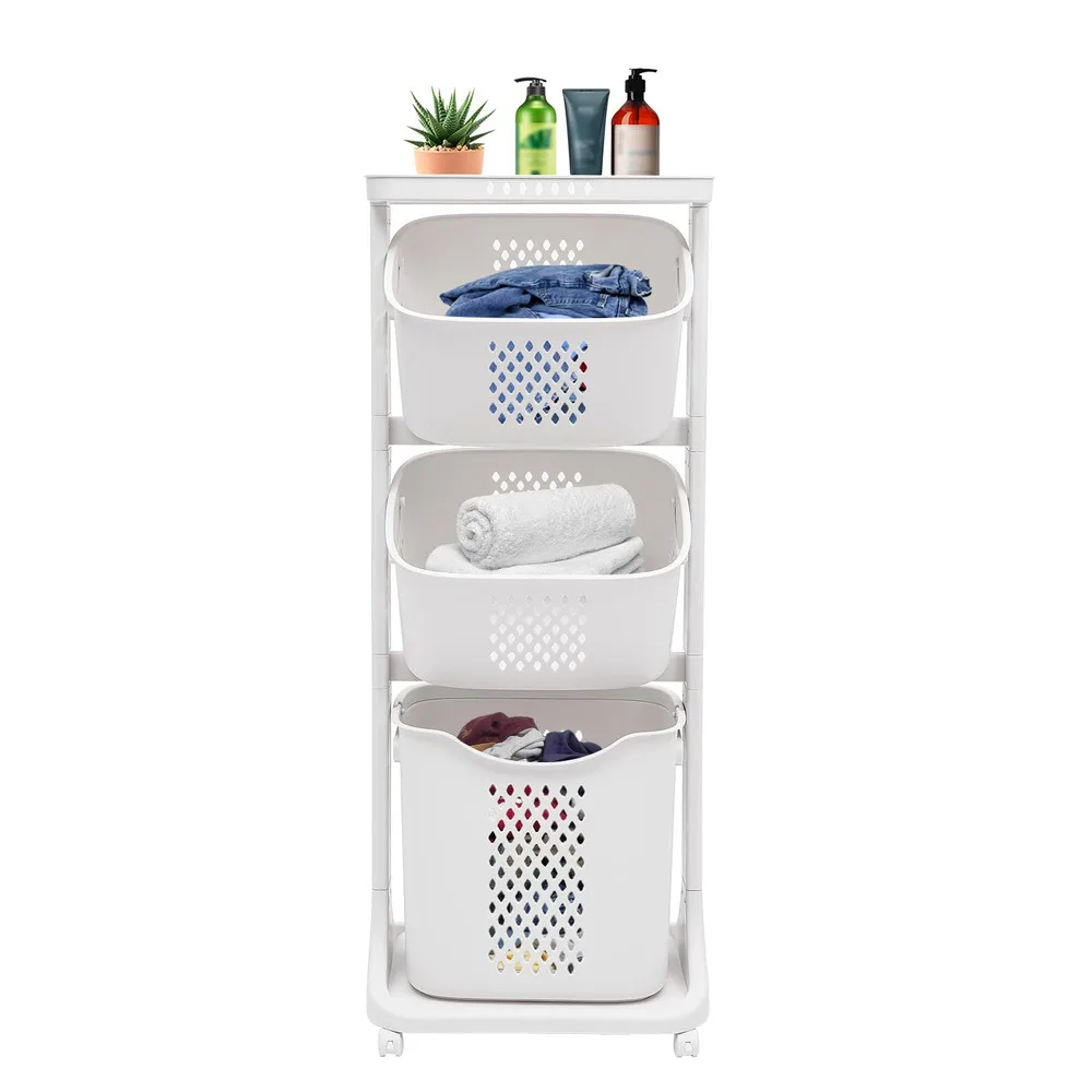 

3-Layer Laundry Basket with Wheels Clothes Storage Basket Multi-Layer Rolling Laundry Cart Dirty Clothes Basket Portable Handle