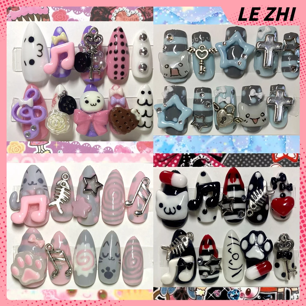 

Kawaii 3D Handmade Cute Cat Press On Gel Nail Art Y2K Striped Note Design Almond Customizable Fake Nails Hand-Drawn Japan Korea