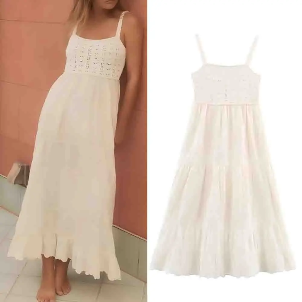 

Women's new fashion backless lace up design embroidered patchwork knit MIDI dress retro sleeveless women's dress