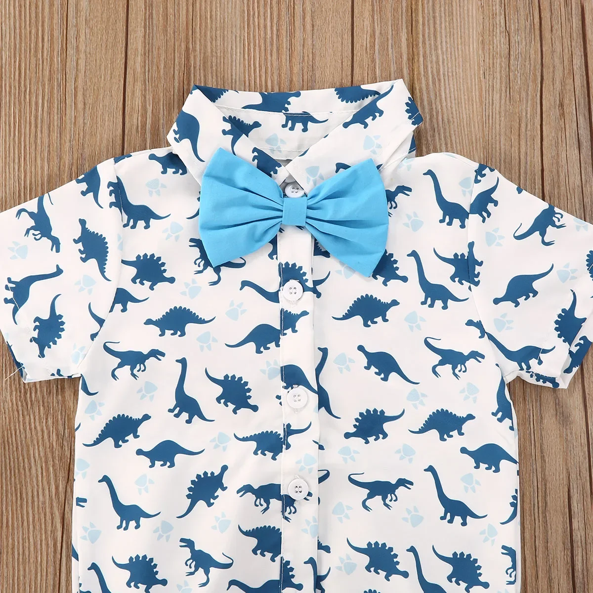 Newborn Baby Boys Jumpsuit, Casual Short Sleeve Cartoon Printed Romper+Solid Color Bow Tie