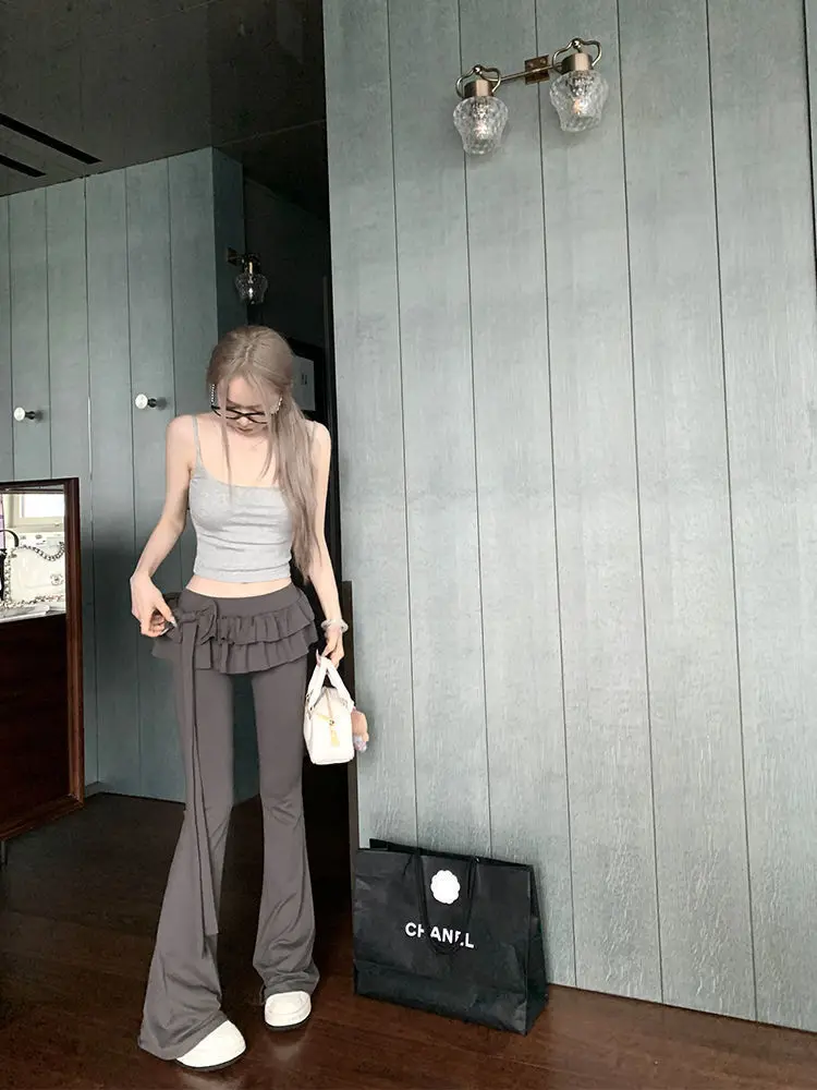 Japanese Soft Girl Cake Fake Two Piece Skirt Pant Female Harajuku Style Y2k Sexy Slim Fit Slightly Flared Wide Leg Pant