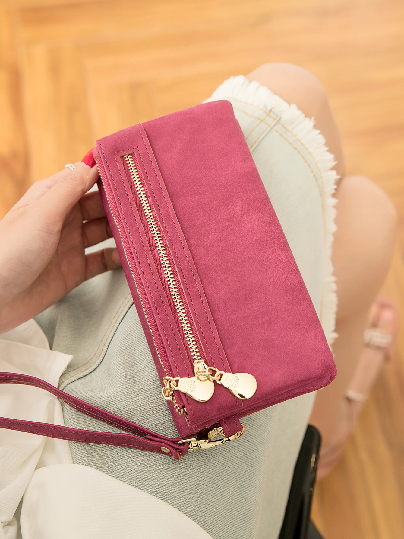 Große Damen-Geldbörse aus mattem Leder mit doppeltem Reißverschluss, Clutch-Handgelenktasche, Handy-, Münz- und Kartenhalter, Multi-Pocket-Geldbörse – Detail 17
