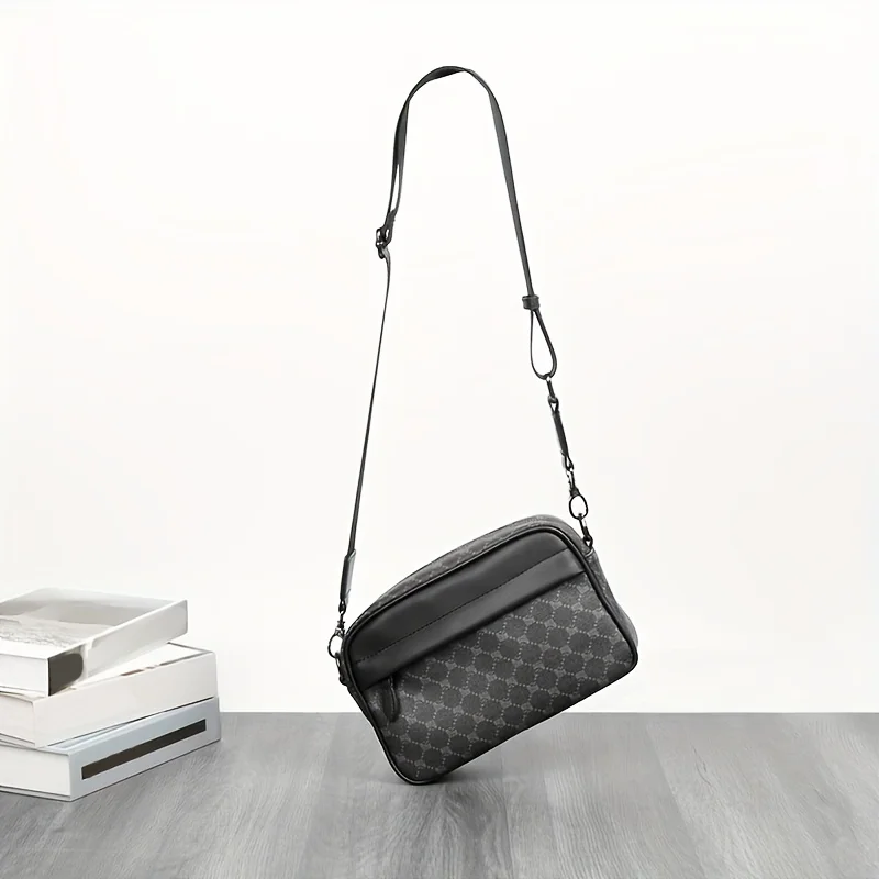 Men Classic Print PU Crossbody Camera Bag, Adjustable Wide Strap Small Shoulder Messenger Sling Bag for Daily Travel