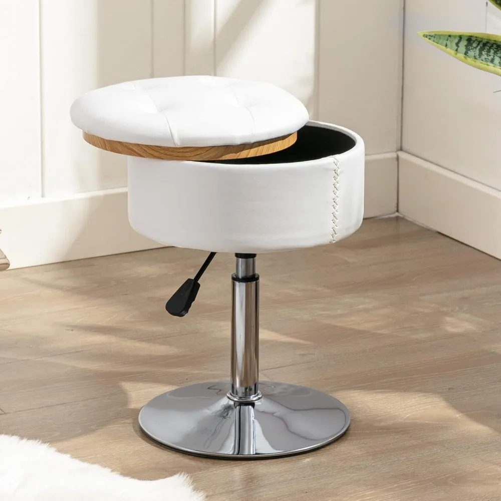 lue bona 360°swivel vanity stool chair for makeup room, height adjustable stool for vanity with storage, small white faux leathe