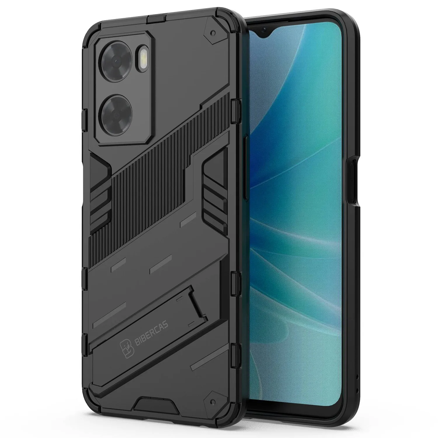 

For Oppo A57 4G / A57s 4G Combo PC+TPU Back Case Hands-Free Kickstand Shock-Absorption Cover - Black