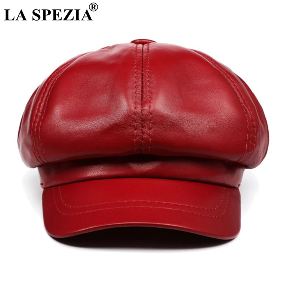 

LA SPEZIA Woman Red Hat Real Leather Newsboy Cap Genuine Leather Baker Boy Cap Black Ladies Winter Octagonal Eight-panel Cap