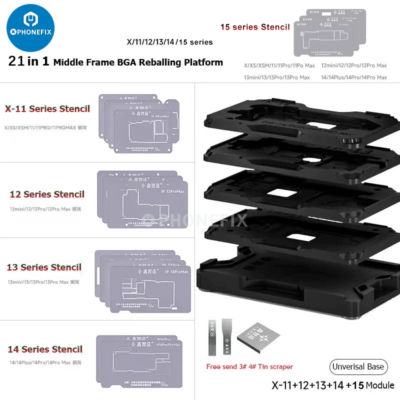 مجموعة 21 في 1 Interposer Reballing Kit XinzhiZao XZZ TR قالب القصدير للزراعة الإطار الأوسط BGA Plant Tin Platform 3D BGA Reballing Stencil لهاتف iPhone X إلى 15 Pro Max إصلاح لحام اللوحة الأم