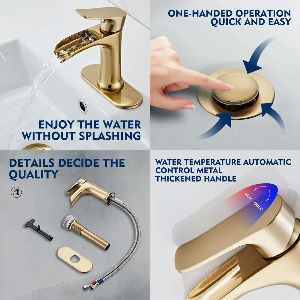 

Single Handle Waterfall Faucet in Brushed Gold with Pop-Up Drain for Bathroom Sink, Model bath05