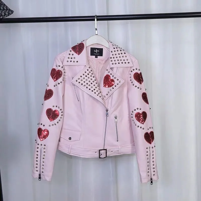 beading Fashion brand stitching rivet pu leather jacket female street style Love sequins beading leather jacket F1048 dropship