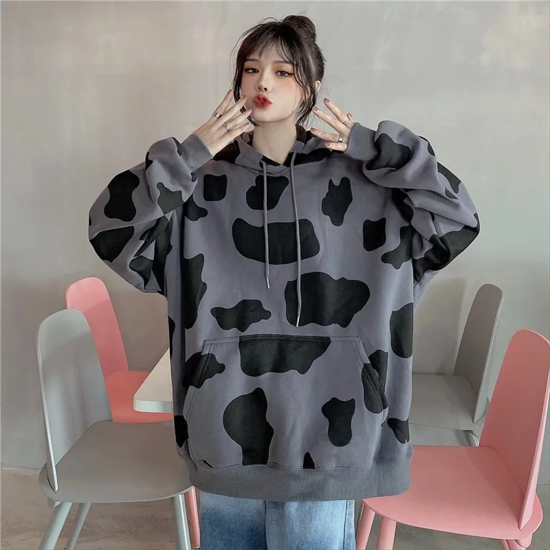 Kawaii Cow Print Sweatshirt Women Japanese Harajuku Cute Milk Embroidered Long Sleeve Hoodie Sweatshirt 2023 Fashion Korean