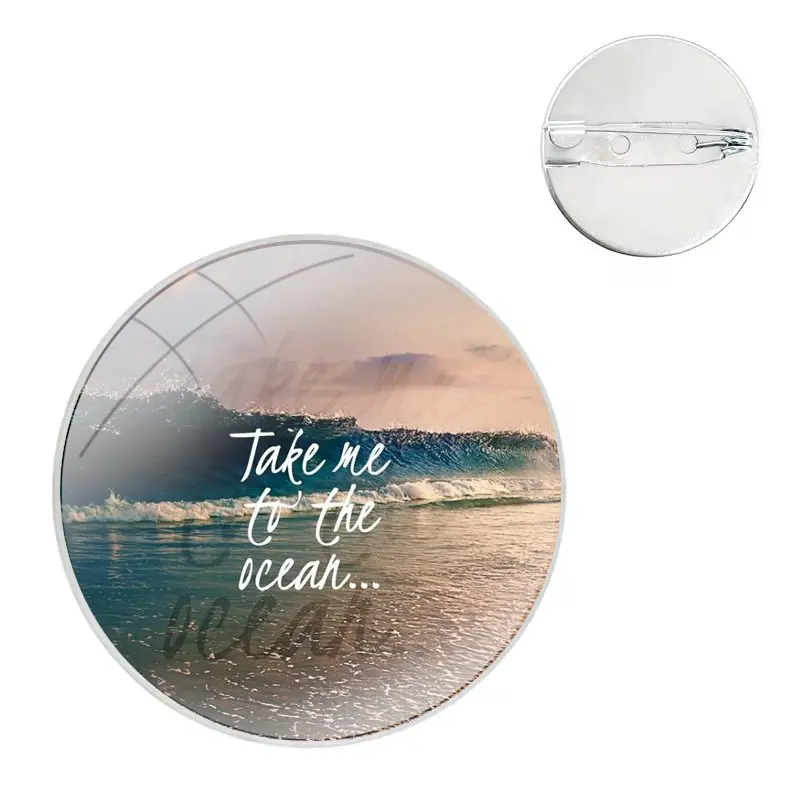 summer beach wave sea Glass Dome Brooches Shirt Lapel Bag Cute Badge Pins For Clothes Hat Accessories