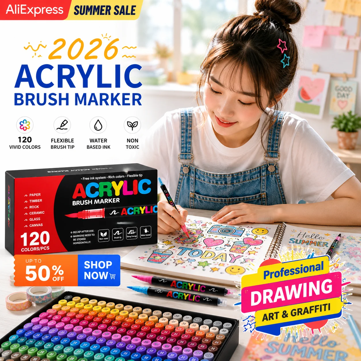 

Acrylic Paint Markers Brush Tip - 120Colors Waterproof Quick-Dry Paint Pens for Rock Painting Wood Canvas Glass DIY