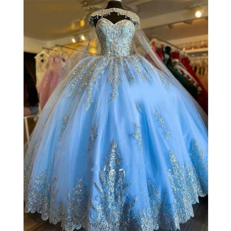 

Небесно-голубые пышные бальные платья Quinceanera, бальное платье, милое Тюлевое платье с аппликацией из бисера, мексиканские милые платья 16 лет