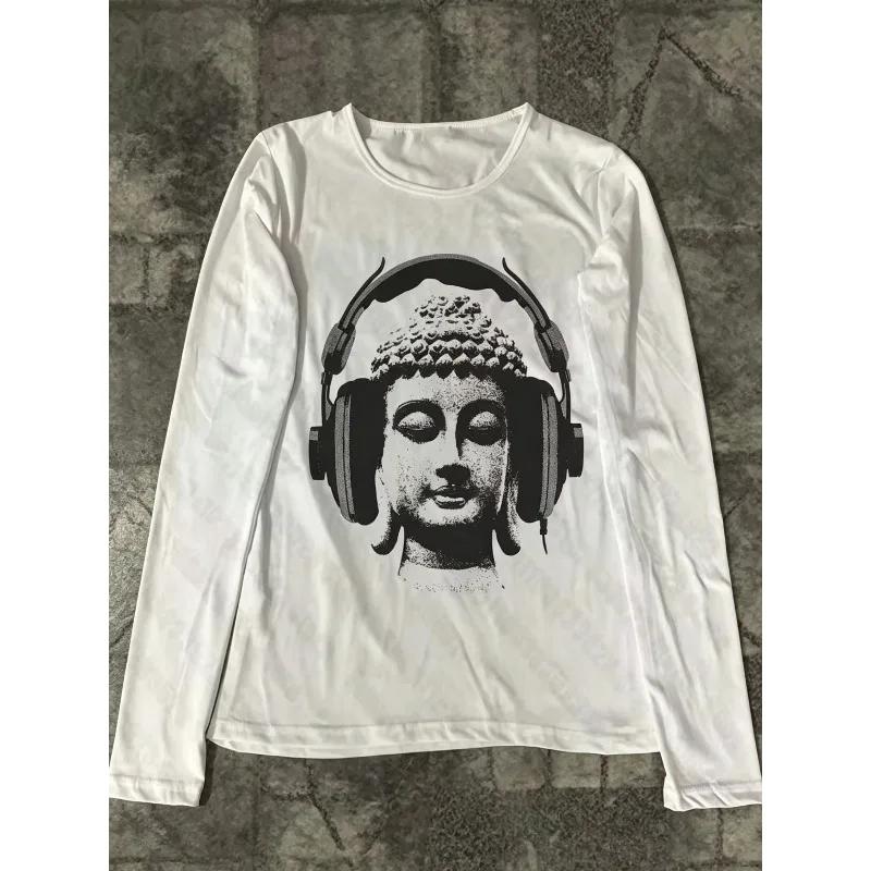 American Vintage Y2K Buddha Head Wearing Headphones Print Long Sleeve T-Shirt, Quirky Streetwear Top