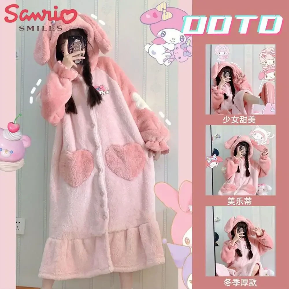 Kawaii Hello Kitty 2Pcs Plush Pajamas Night-Robe Suit Sanrioed Anime Kuromi Homewear Winter Long Style Thickened Nightgown Pants