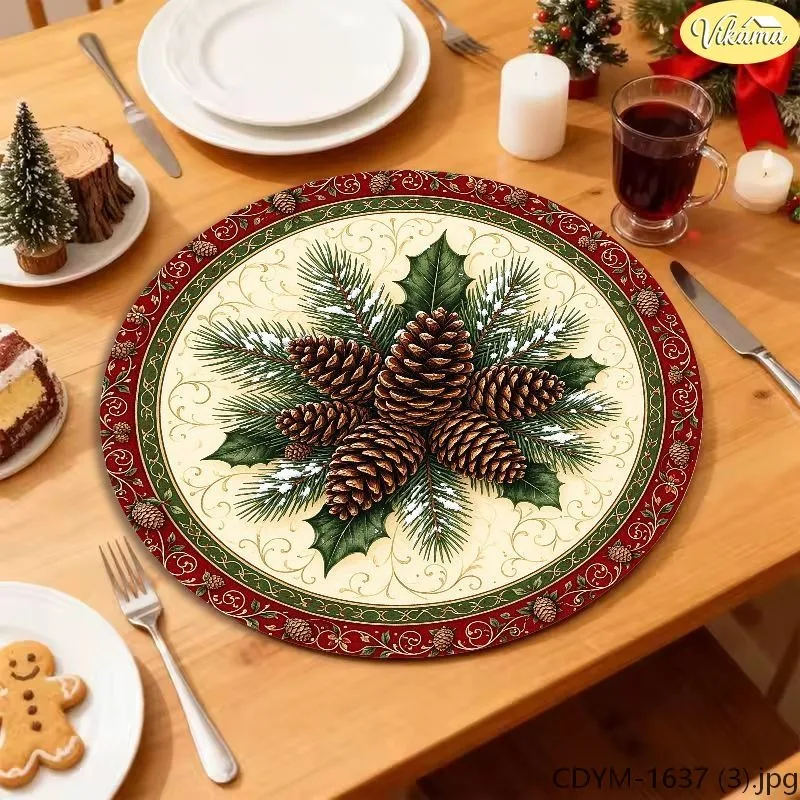 VIKAMA Christmas Round Placemats Black Gold Merry Christmas Pine Wreath Snowman Bell Holly Washable Mat Winter Decor