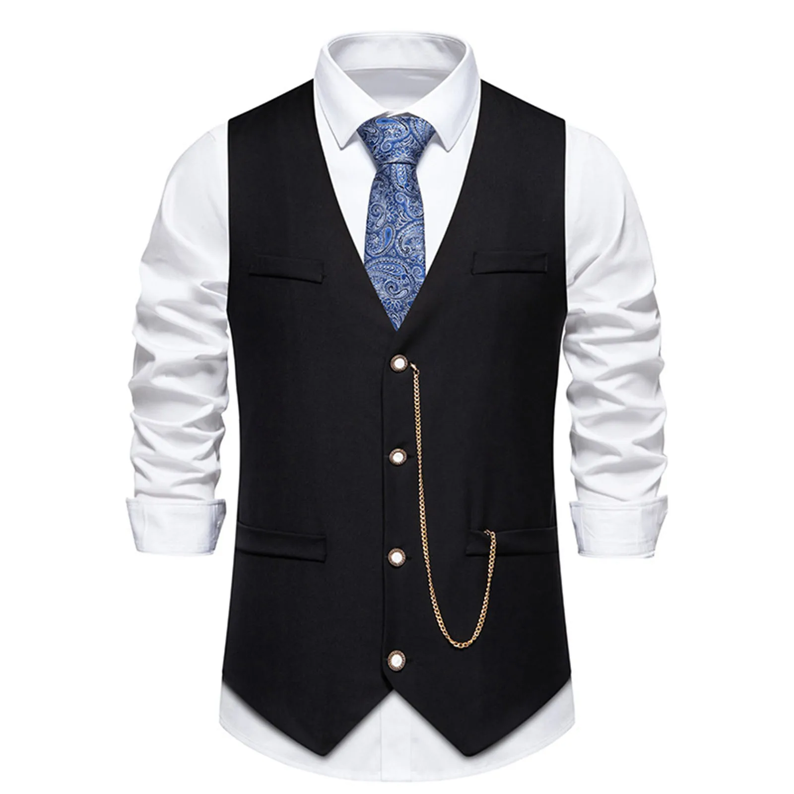 Men's Retro Lapel Chain Vest Fashion Herringbone Slim Fit New Arrival Dress Vests Male British Elegant Formal Business Jackets