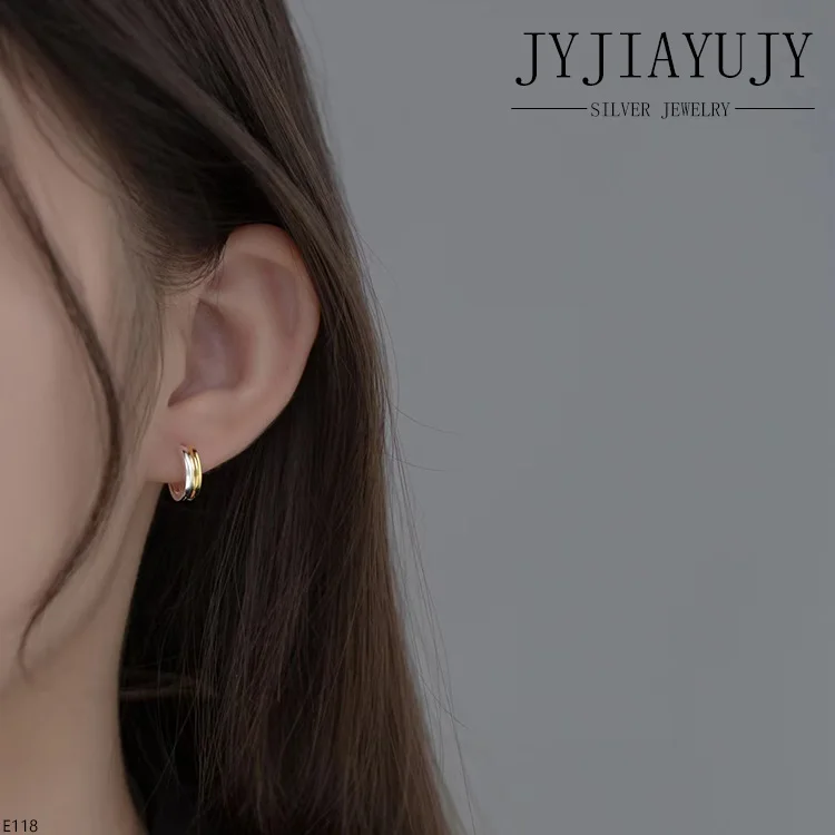 JYJIAYUJY 100% Sterling Silver S925 Hoop Earrings Two Color Double Circle Shape Trendy Hypoallergenic Women Jewelry Gift E118