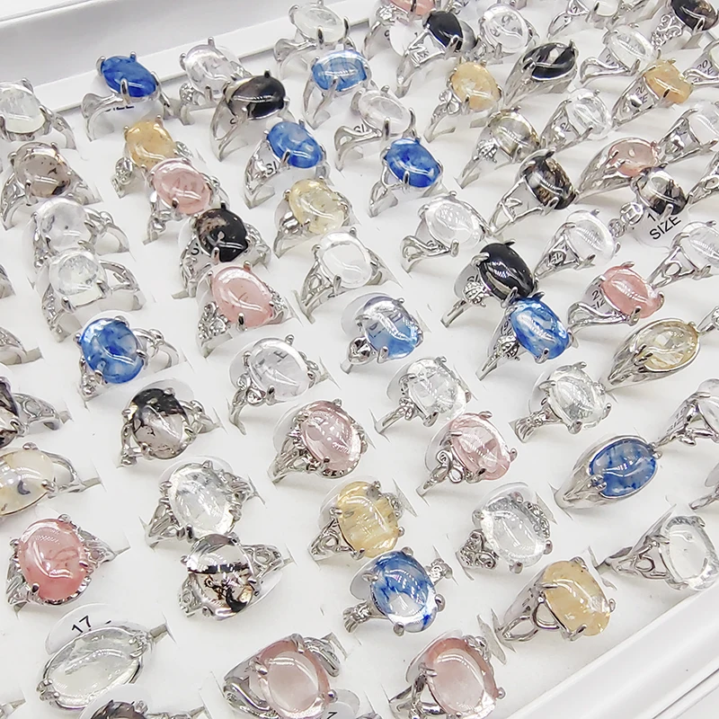 20/50pcs/Lot Wholesale Natural Crystal Stone Finger Rings for Wemen Oval Clear White Pink Blue Black Yellow Stones Jewelry Party