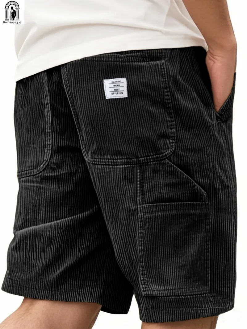 Men Striped Corduroy Casual Shorts Multi Pockets Loose Elastic Waist Vintage Knee Length Shorts Multi Colors S-4XL