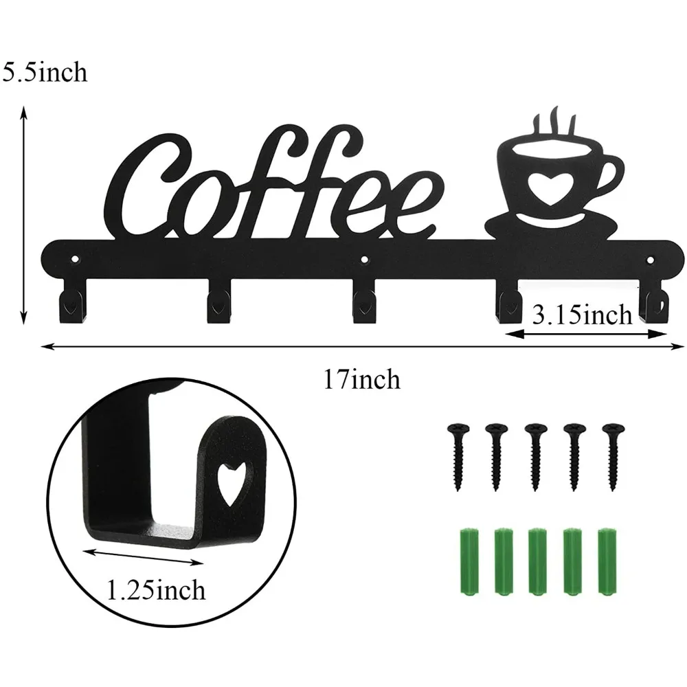Metal Wall Mounted Coffee Mug Rack Holder, Coat Hat Key Hooks Organizer, Durable Space Saving Home Kitchen view 6