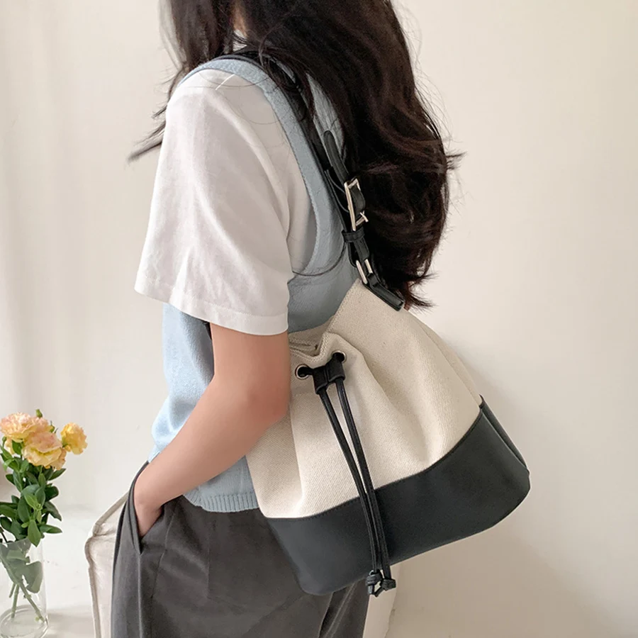

Drawstring spliced single-shoulder bag for women's fashion large-capacity commuting canvas+pu bucket bag daily leisure handbags